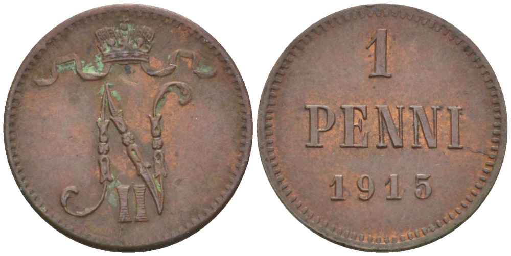 РОССИЯ ДЛЯ ФИНЛЯНДИИ 1 ПЕННИ 1915 НИКОЛАЙ II KM 13, Биткин 475 медь 261-1122