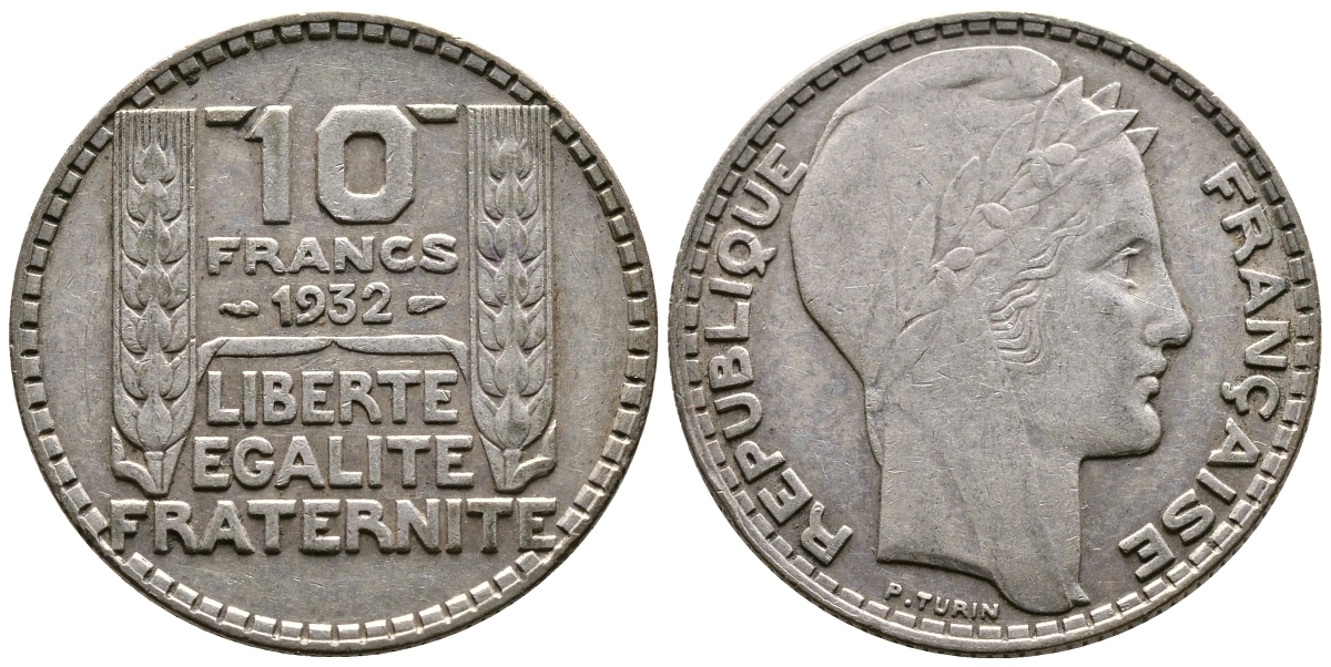 Франция 10 франков 1932 Пьер Тюрен KM 878, Le Franc 360.5 серебро 79-1541