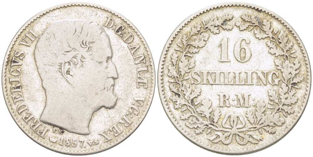 Дания 16 скиллингов 1857 Фредерик VII (1848-1863), монетный двор Копенгаген KM 765 (С137) серебро    4514-555