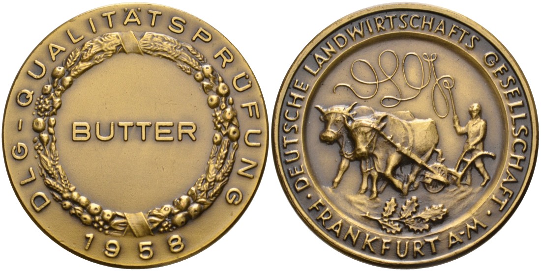 Германия, Франкфурт на Майне медаль 1958 СЕЛЬСКОХОЗЯЙСТВЕННОГО ОБЩЕСТВА Франкфурта, БРОНЗОВЫЙ ПРИЗ КОНТРОЛЯ КАЧЕСТВА ЗА СЛИВОЧНОЕ МАСЛО, диаметр 39,5 мм., DLG жёлтый металл 00-00