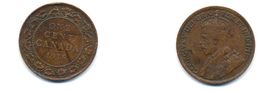 Канада 1 цент 1918 Георг V (1910-1936), большой формат KM 21 бронза 4379-1026