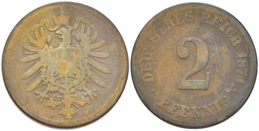 ГЕРМАНИЯ 2 ПФЕННИГА 1874 F, СТАРОГЕРБОВКА KM 2, J. 2, Weege 3 медь 212-442
