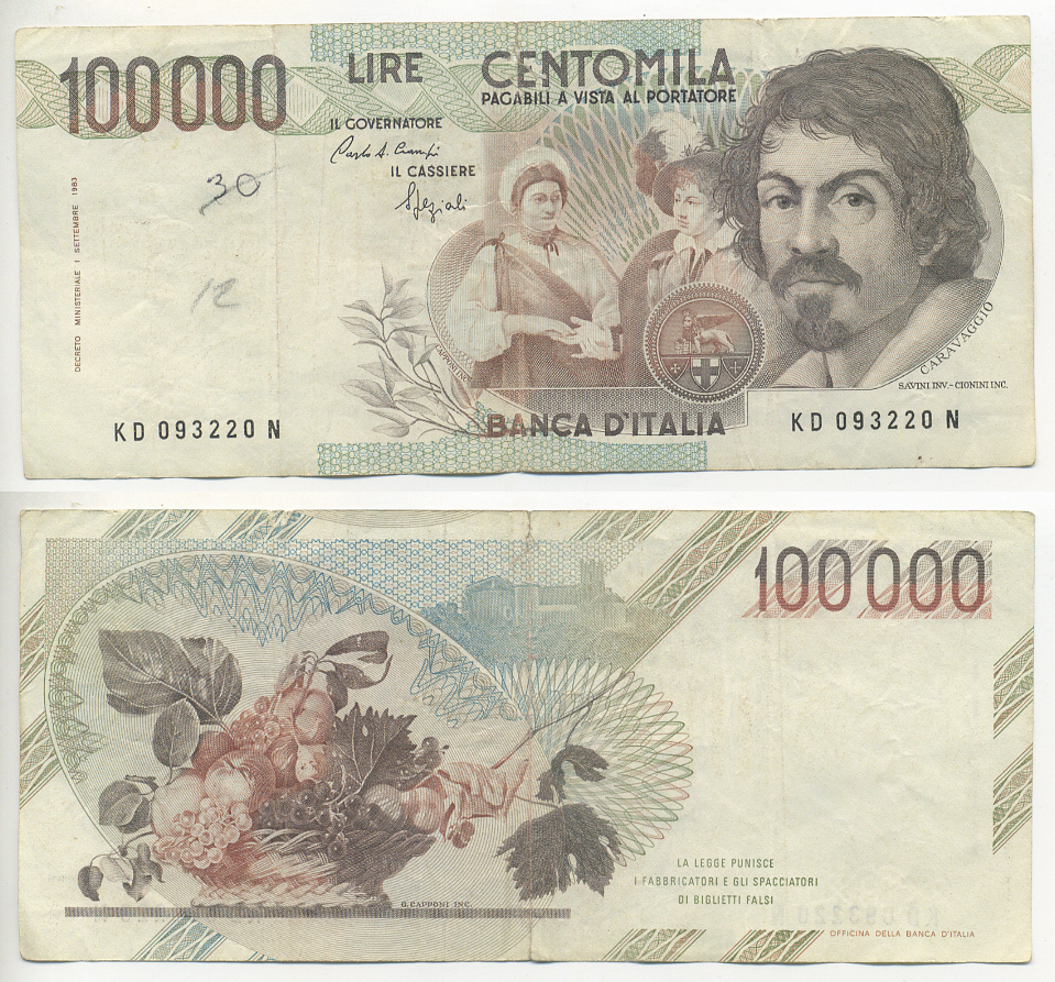 Италия 100000 лир 1983 Караваджо, фруктовый букет, подпись Stevani Pick 110а бумага 7220-3-2
