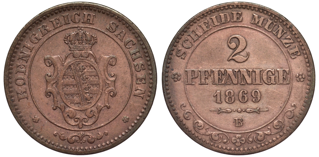 Саксония 2 пфеннига 1869 В, Иоганн (1854-1873) KM 1217, Jaeger 121, AKS 155 медь 75-814