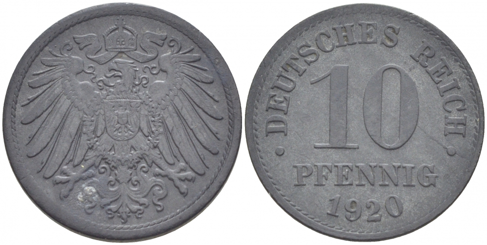 ГЕРМАНИЯ 10 ПФЕННИГОВ 1920 KM 26, J. 299 цинк 3996-626