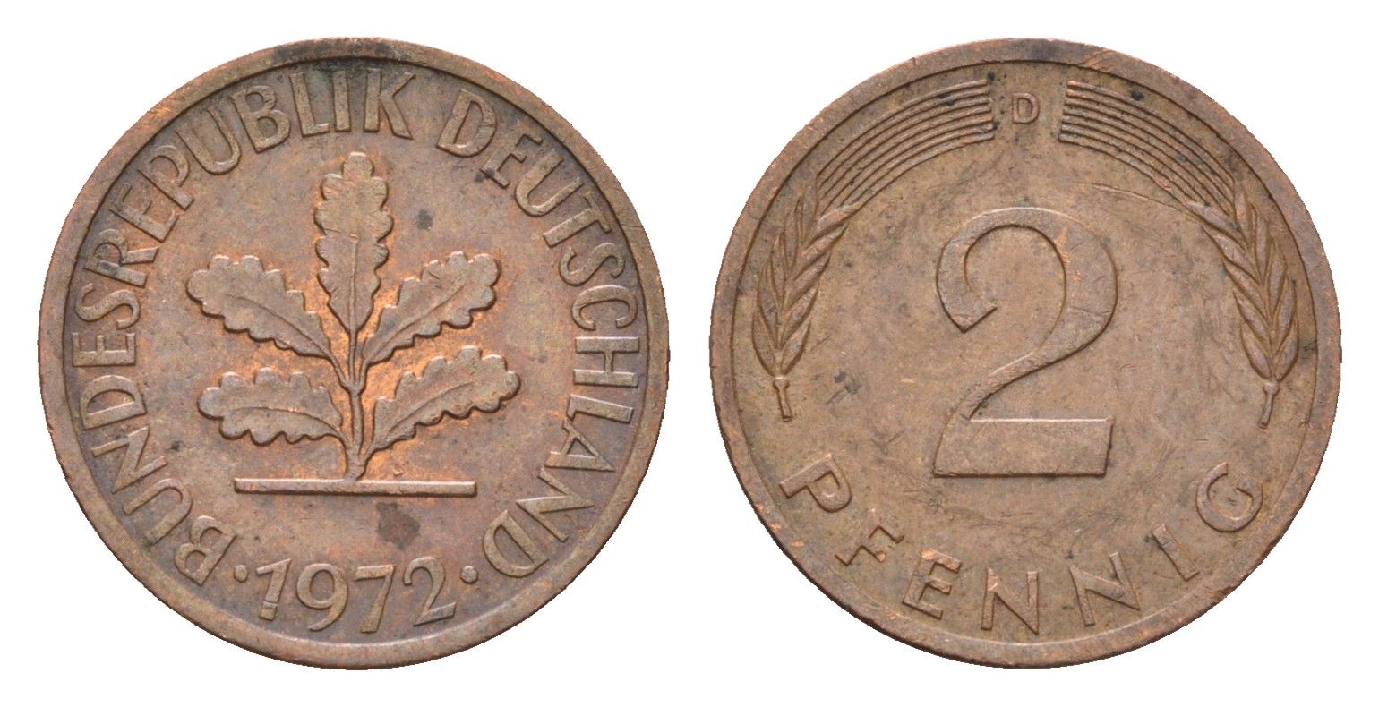 ФРГ 2 пфеннига 1972 D KM 106a, J. 381a сталь плакированная медью 4669-1241