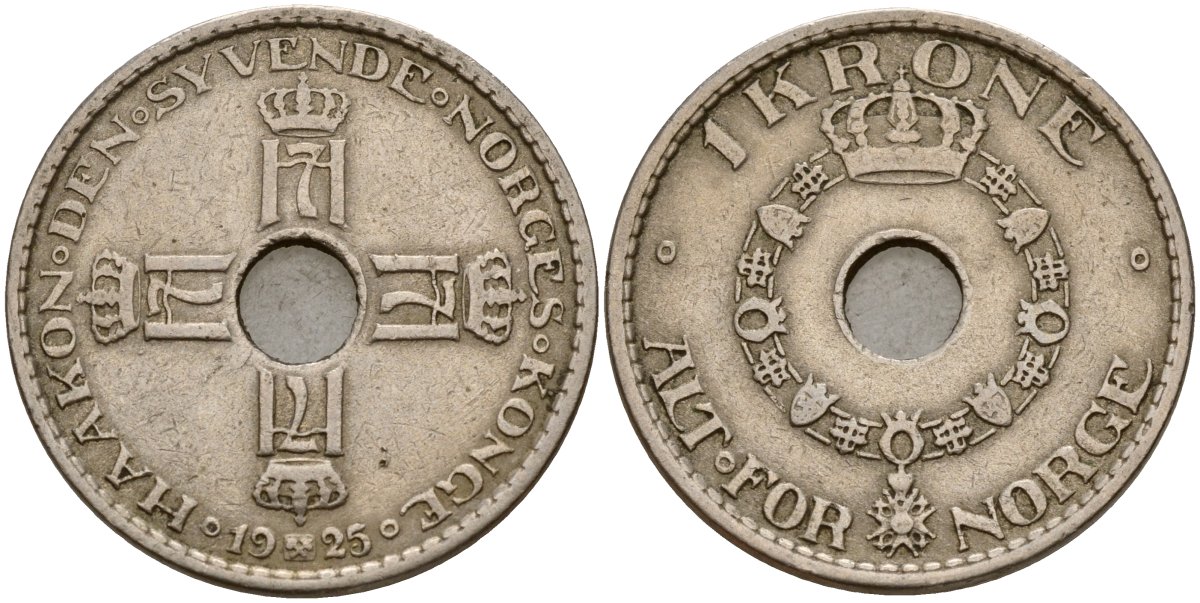 Норвегия 1 крона 1925 Хокон VII (1905-1957) KM 385 медно-никель 4187-923