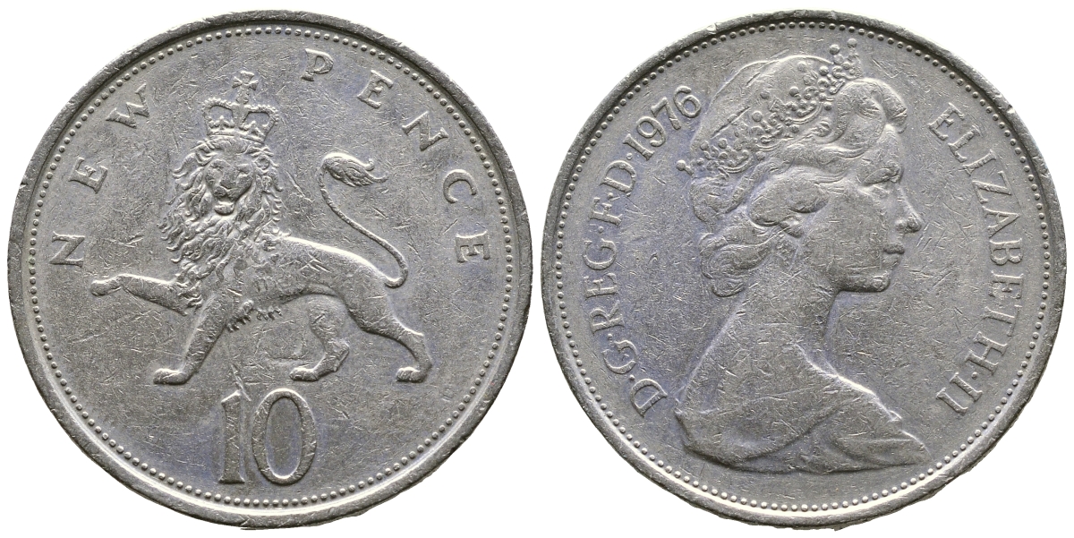 Великобритания 10 пенсов 1976 Елизавета II (1952-2022) KM 912, Spink 4231 (F1) медно-никель  4383-843