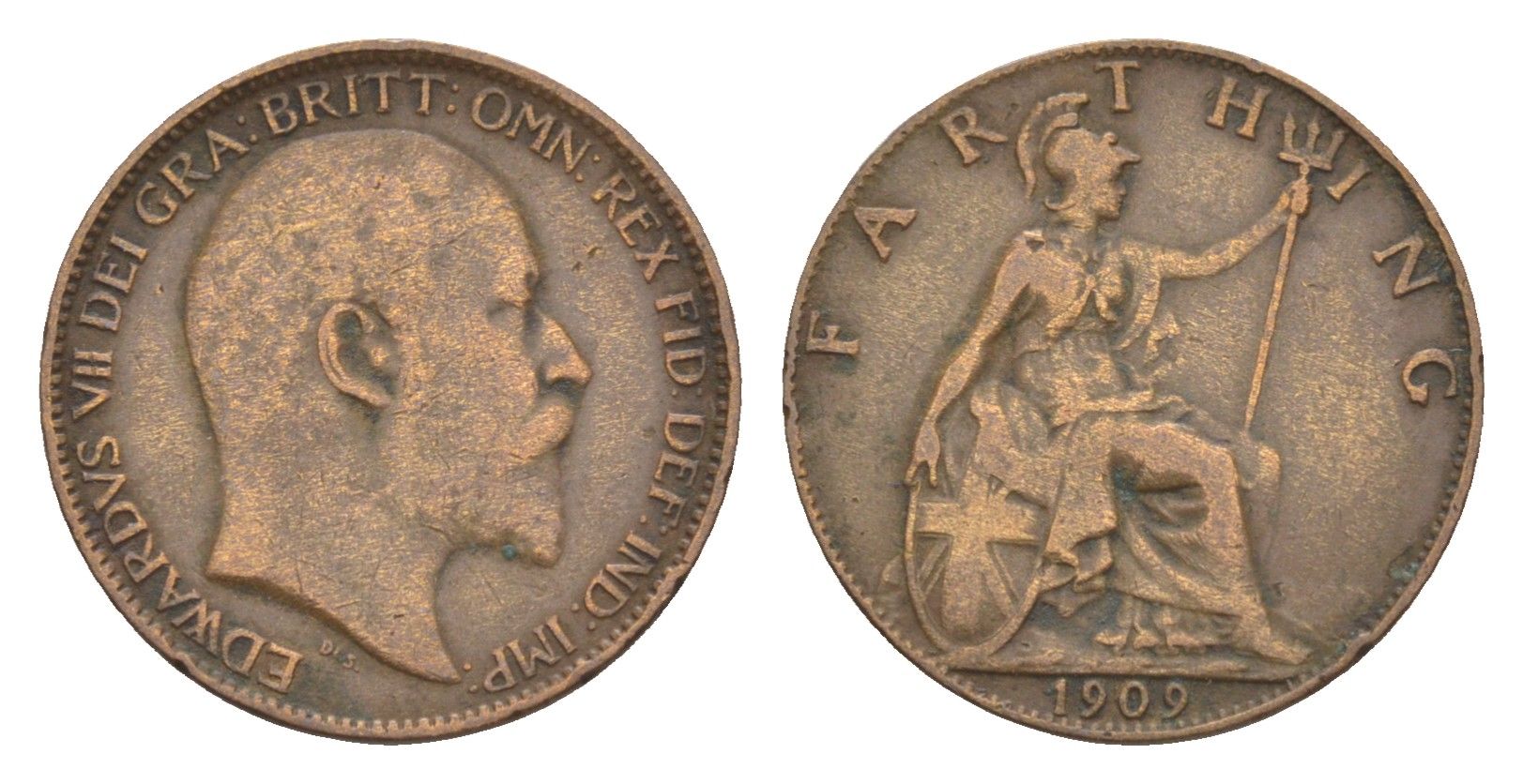 Великобритания 1 фартинг 1909 Эдуард VII (1901-1910) KM 792, Spink 3992 бронза 4658-937