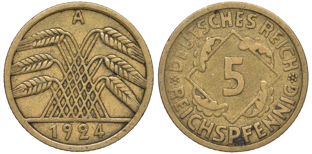 Германия 5 рейхспфеннигов 1924 A KM 39, J. 316 алюминиевая бронза 4602-1233