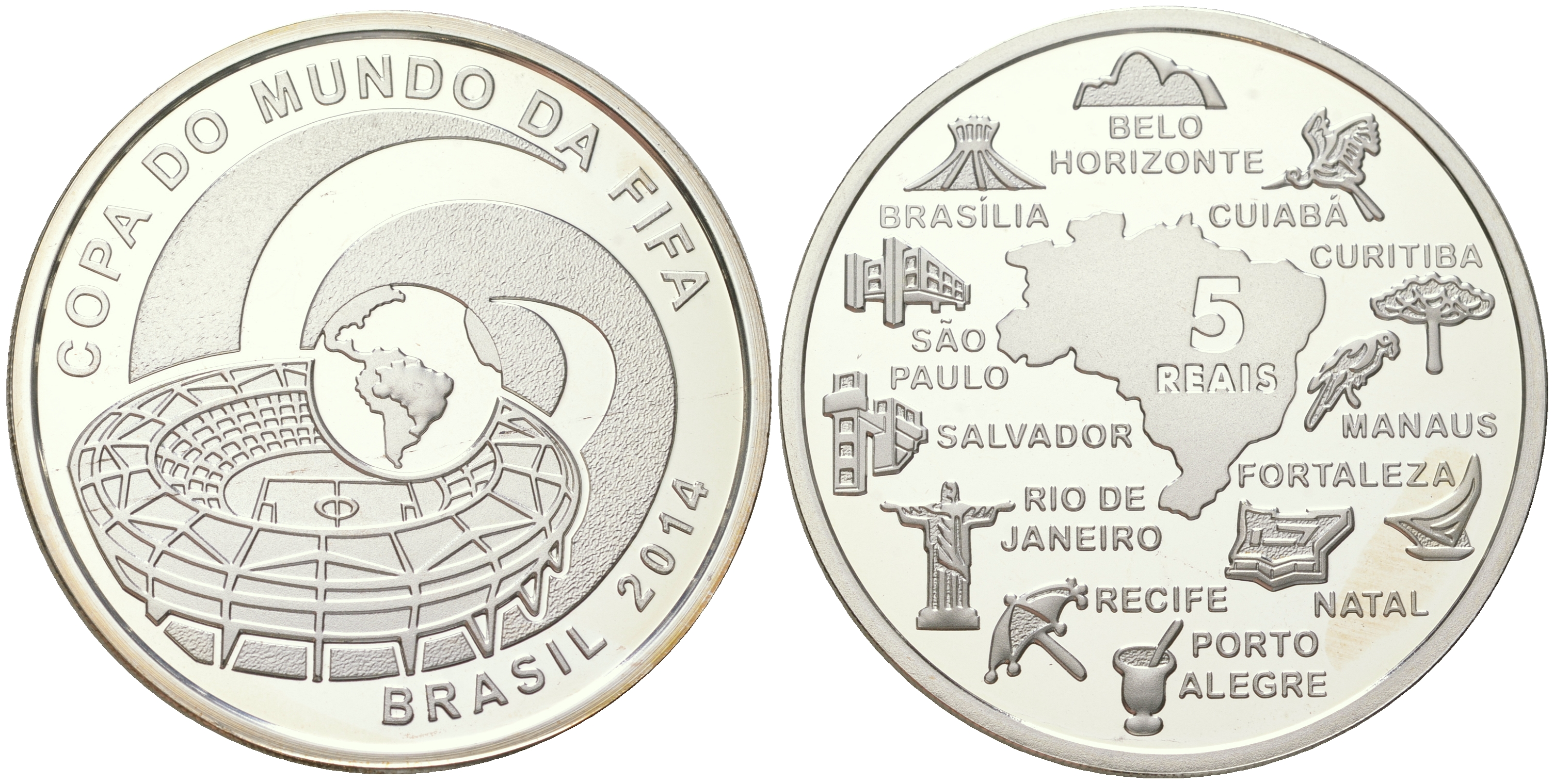 Бразилия 5 реалов 2014 Чемпионат мира по футболу 2014, города принимающие чемпионат мира, тираж 12.000 экземпляров, в оригинальной коробке, с сертификатом KM 702 серебро  PROOF  8-1-02-02