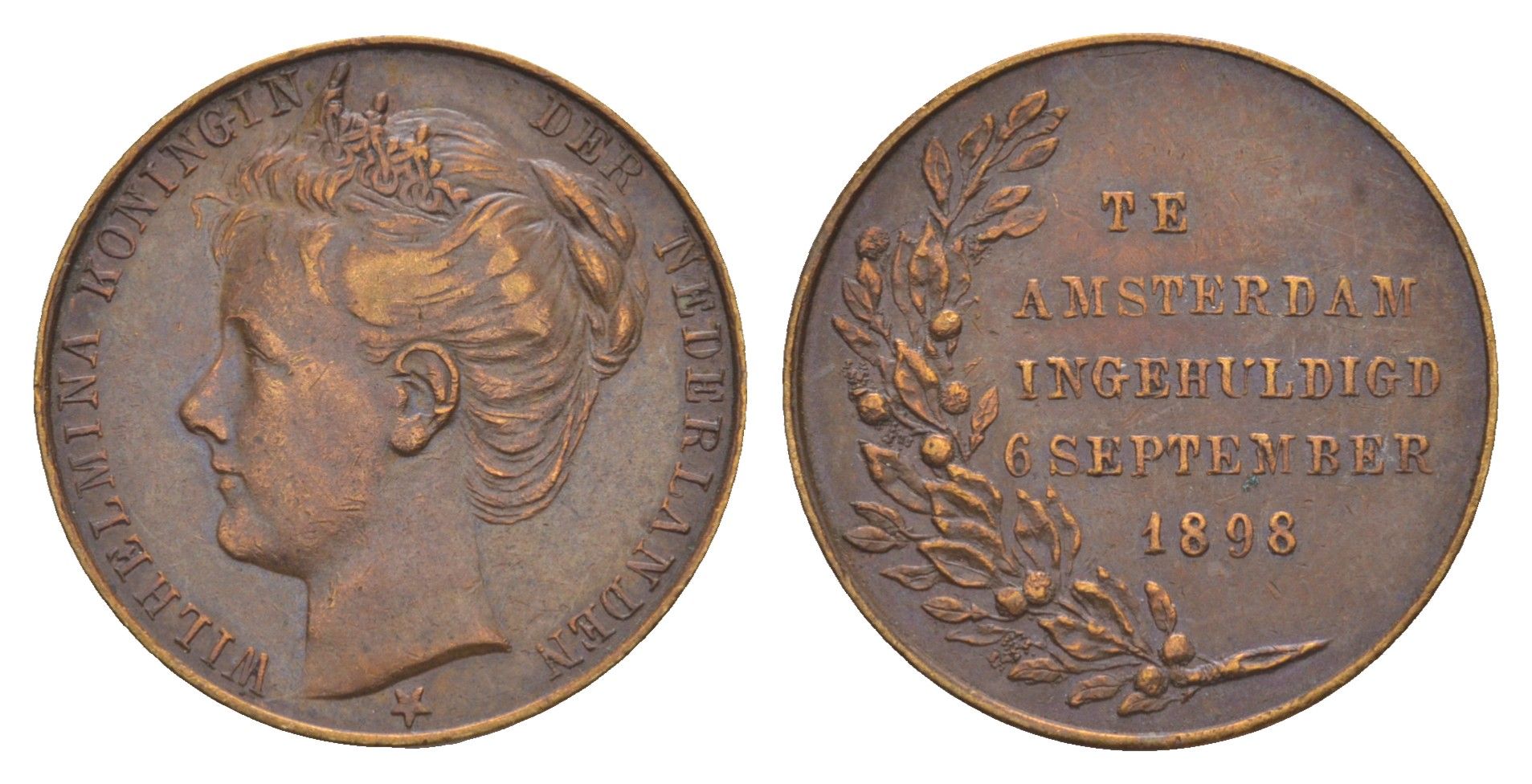 Нидерланды медаль "Коронация Вильгельмины " 1898 Коронация Вильгельмины 6 сентября 1898 года на престол Нидерландов, диаметр 23,8 мм, вес 7,14 гр медь 4044-912
