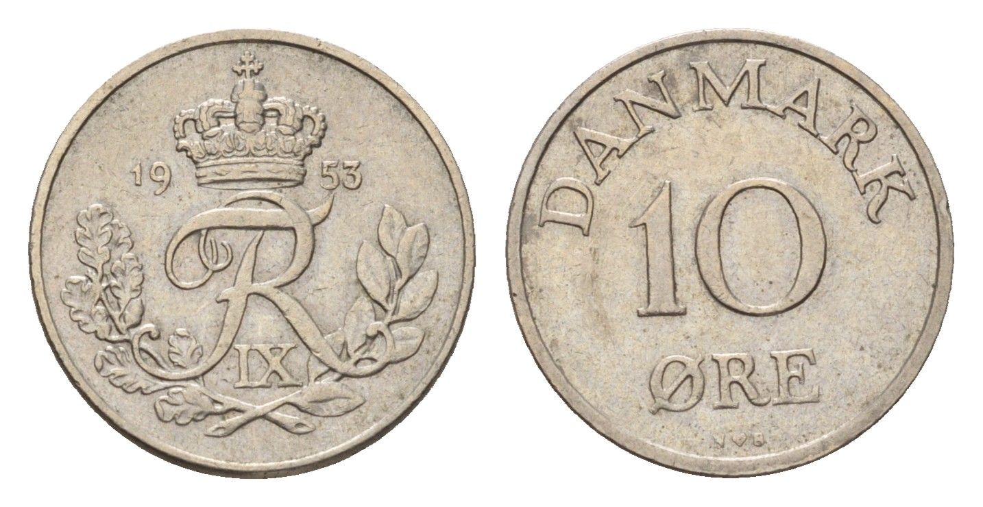 Дания 10 эре 1953 N; S, Фредерик IX (1947-1972) KM 841 медно-никель 4617-1011
