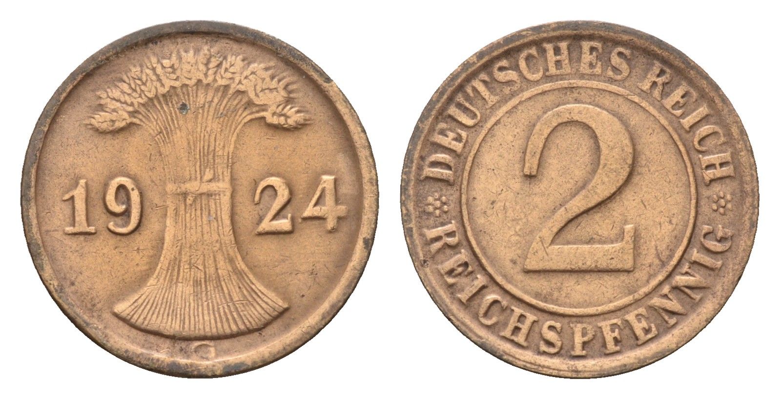 Германия 2 рейхспфеннига 1924 G KM 38, J. 314 бронза 4632-123