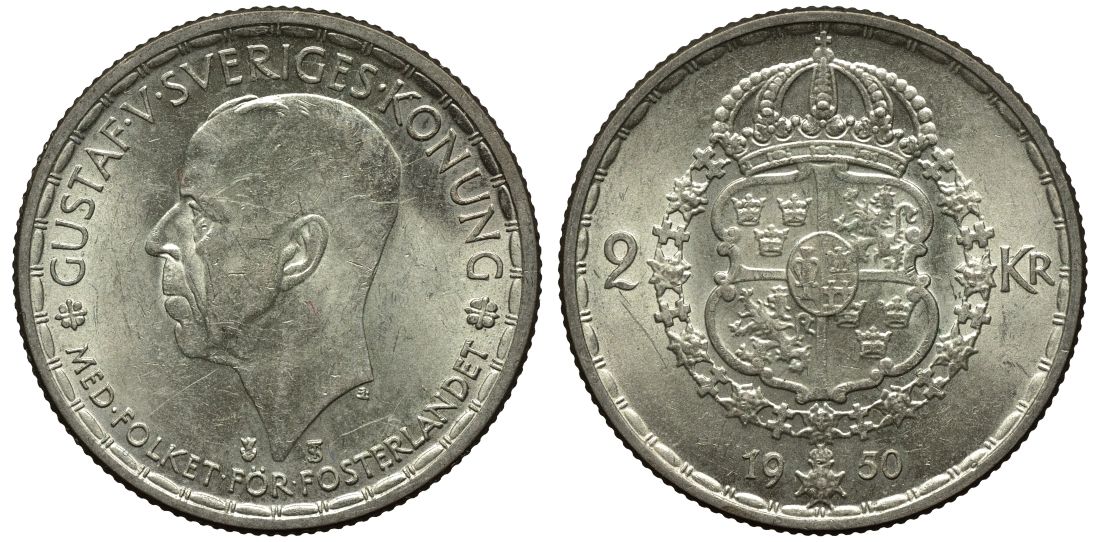 Швеция 2 кроны 1950 TS, Густав V (1907-1950) KM 815 серебро 221-622