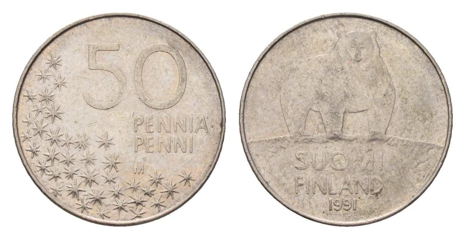 Финляндия 50 пенни 1991 M, полярный медведь KM 66 медно-никель 4702-443