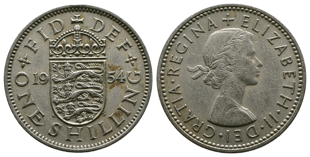 Великобритания 1 шиллинг 1954 Елизавета II (1952-2022), Английский герб KM 904, Spink 4147 медно-никель 4384-246