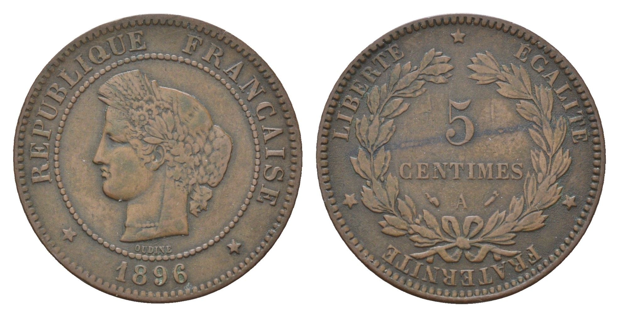 Франция 5 сантимов 1896 KM 821 бронза 4610-136