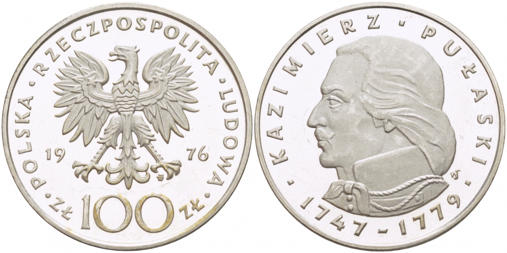 Польша 100 злотых 1976 MW, Казимир Пулавский (1747-1779) KM 84, Parchimowicz 275 серебро PROOF 1082-1-23