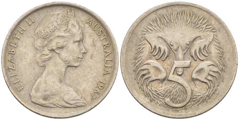 АВСТРАЛИЯ 5 ЦЕНТОВ 1967 ЕЛИЗАВЕТА II, МОЛОДОЙ ПОРТРЕТ, ЕХИДНА KM 64 медно-никель 4385-647