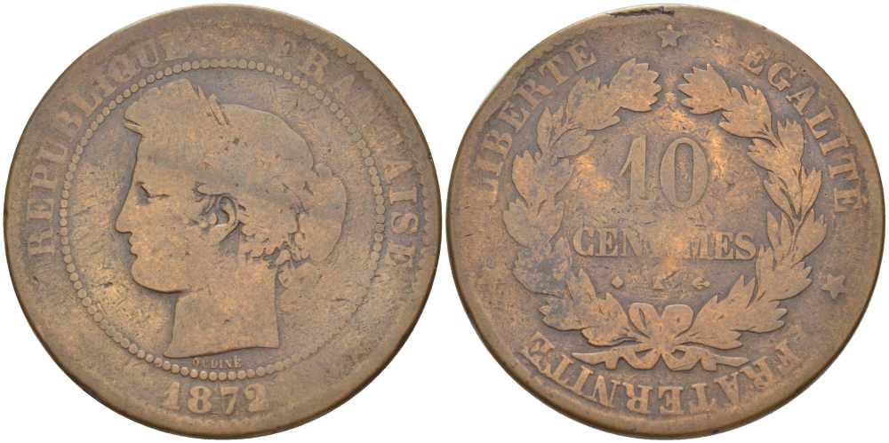 ФРАНЦИЯ 10 САНТИМОВ 1872 А, ТРЕТЬЯ РЕСПУБЛИКА (1871-1940) KM 815.1, LE FRANC 135.8 бронза 109-1114