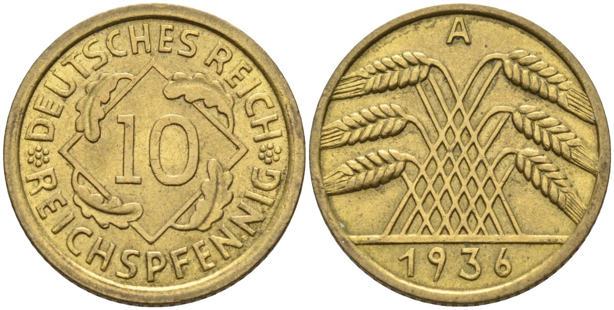 Германия 10 рейхспфеннигов 1936 A KM 40, J.317, Weege 9 алюминиевая бронза 4584-536