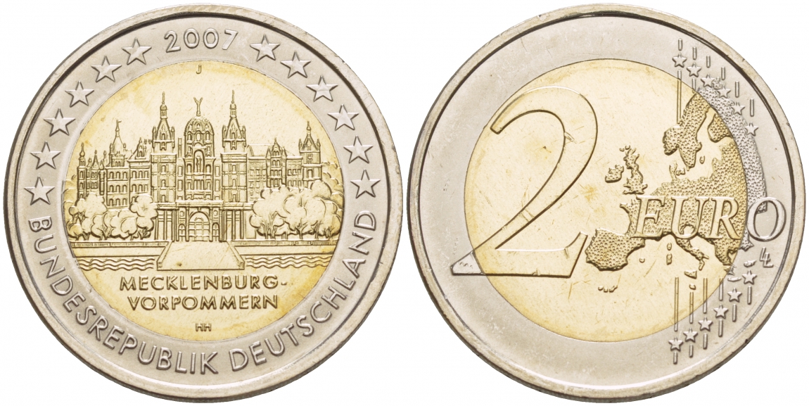 ФРГ 2 евро 2007 J, серия федеральные земли, Мекленбург-Передняя Померания, Шверинский замок KM 260 биметалл UNC 1094-6-62