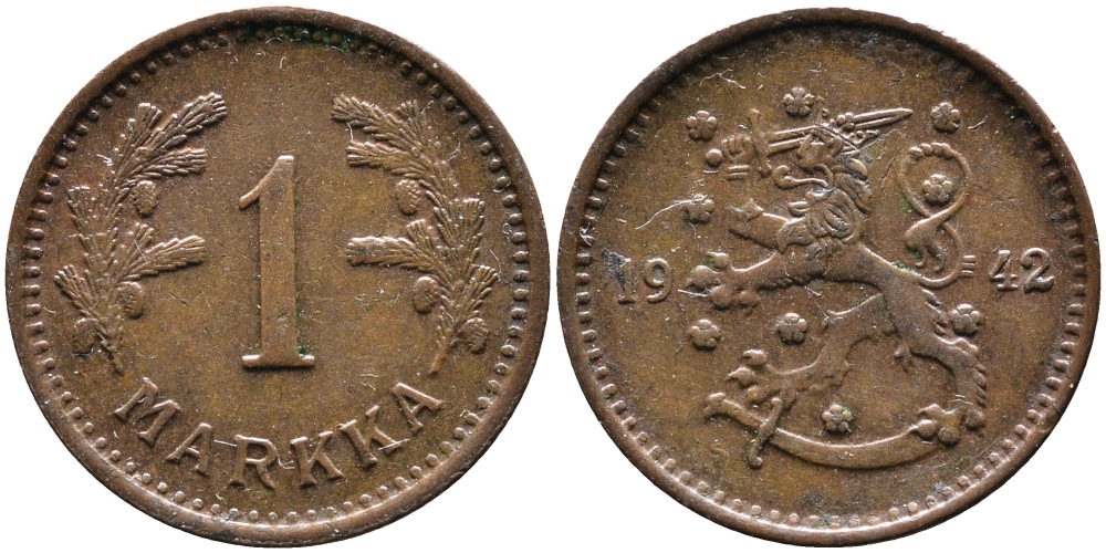 ФИНЛЯНДИЯ 1 МАРКА 1942 S KM 30а медь 4388-923