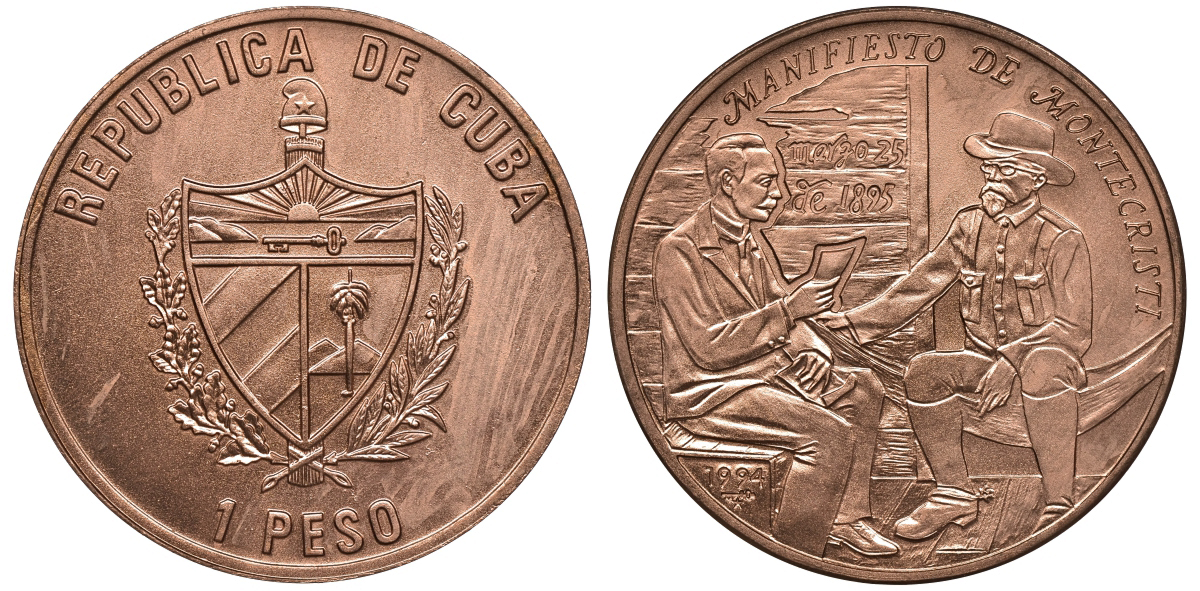 Куба 1 песо 1994 100 лет Манифесту Монте-Кристи KM 516 медь UNC M3-11