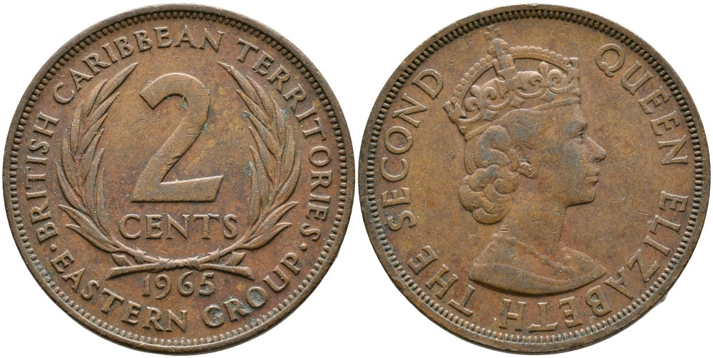 Британские Восточно-Карибские территории 2 цента 1965 Елизавета II (1952-2022) KM 3 бронза 4531-1243