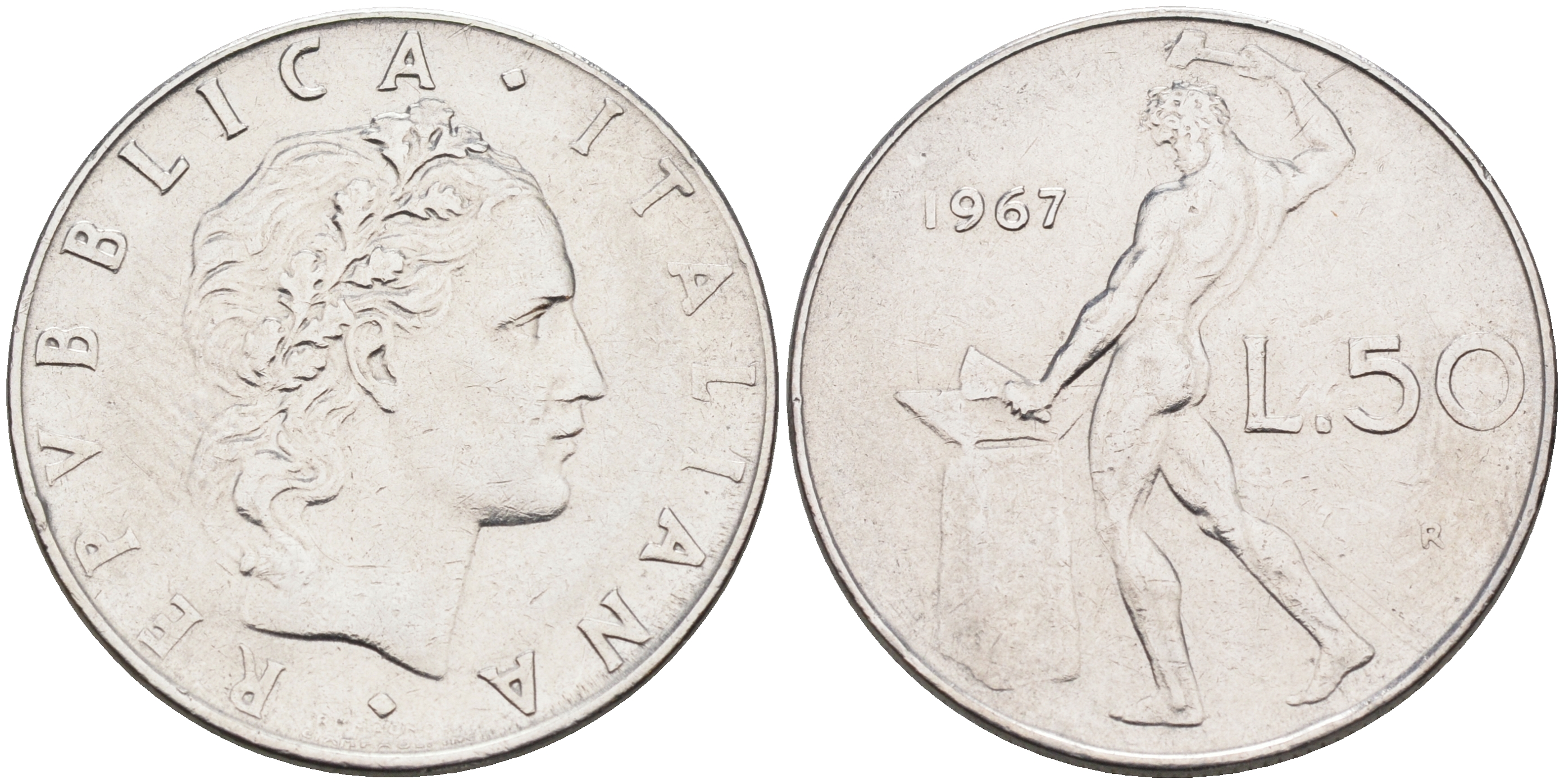 Италия 50 лир 1967 R, бог огня Вулкан у наковальни KM 95.1 нержавеющая сталь 4595-232