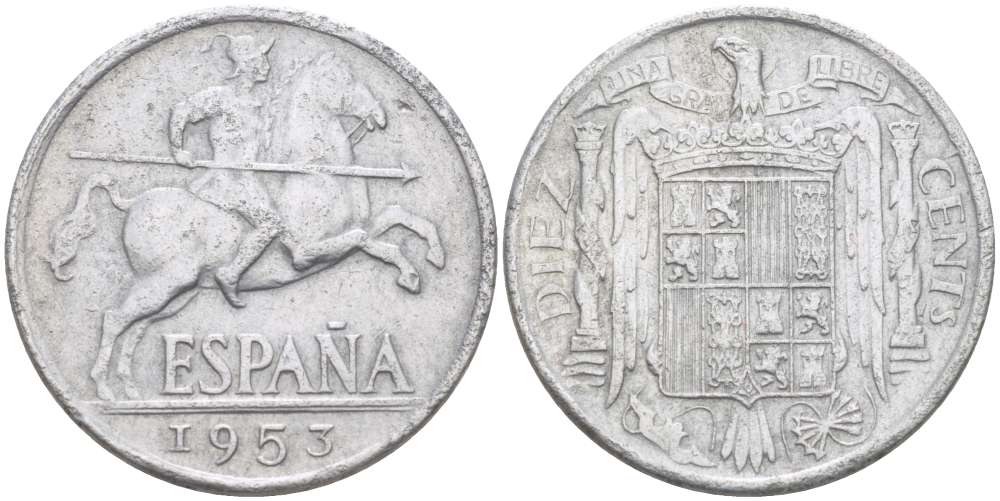 ИСПАНИЯ 10 СЕНТИМО 1953 РЫЦАРЬ НА КОНЕ KM 766 алюминий 4519-853