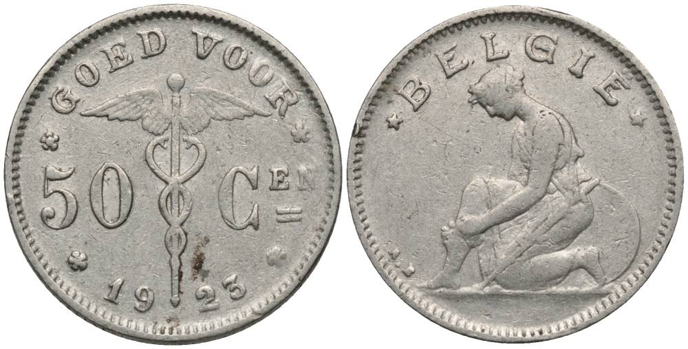 БЕЛЬГИЯ 50 САНТИМОВ 1923 BELGIE, АЛЬБЕРТ I (1909-1934) KM 88 никель 27-116