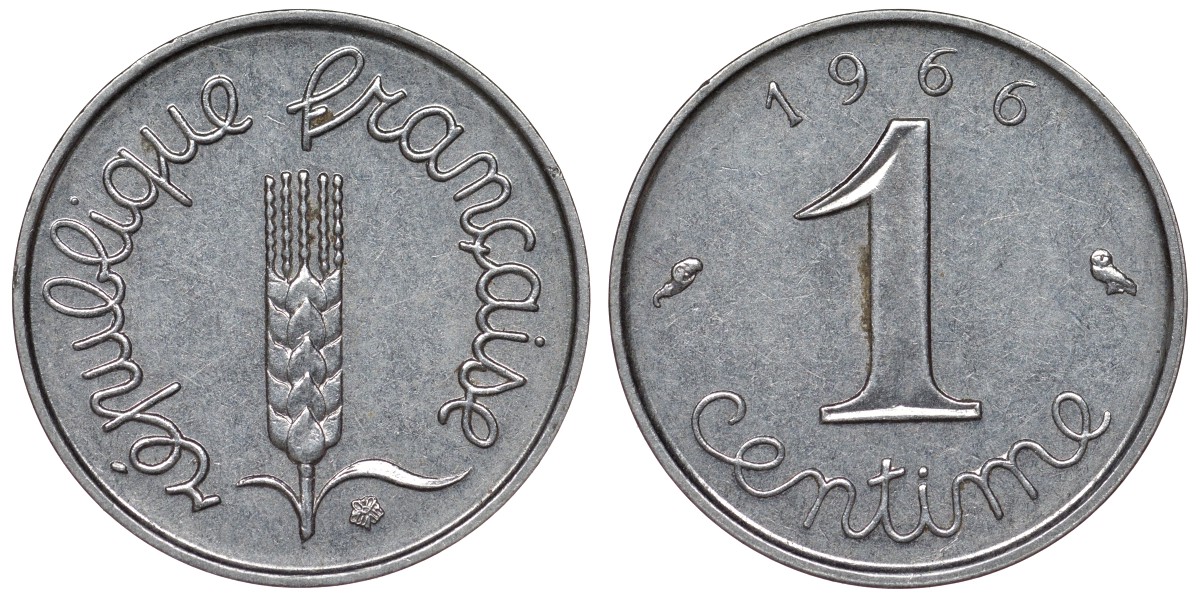 Франция 1 сантим 1966 пятая республика KM 928, Le Franc 106.12 нержавеющая сталь 4124-366