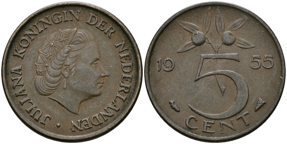 НИДЕРЛАНДЫ 5 ЦЕНТОВ 1955 ЮЛИАНА KM 181 бронза 95-315