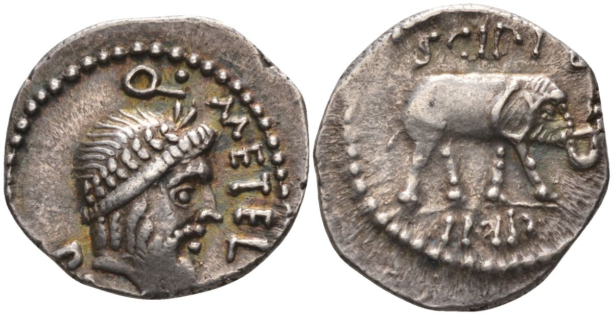 Римская Республика денарий 47 - 46 гг. до н.э. монетарий Кв. Метелл Пий Сципион, Q METEL PIVS, голова Юпитера в венке / SCIPIO IMP, слон, походный монетный двор в Африке, 3,42 гр Cr. 459/1; Syd. 1046 серебро 10-020-68