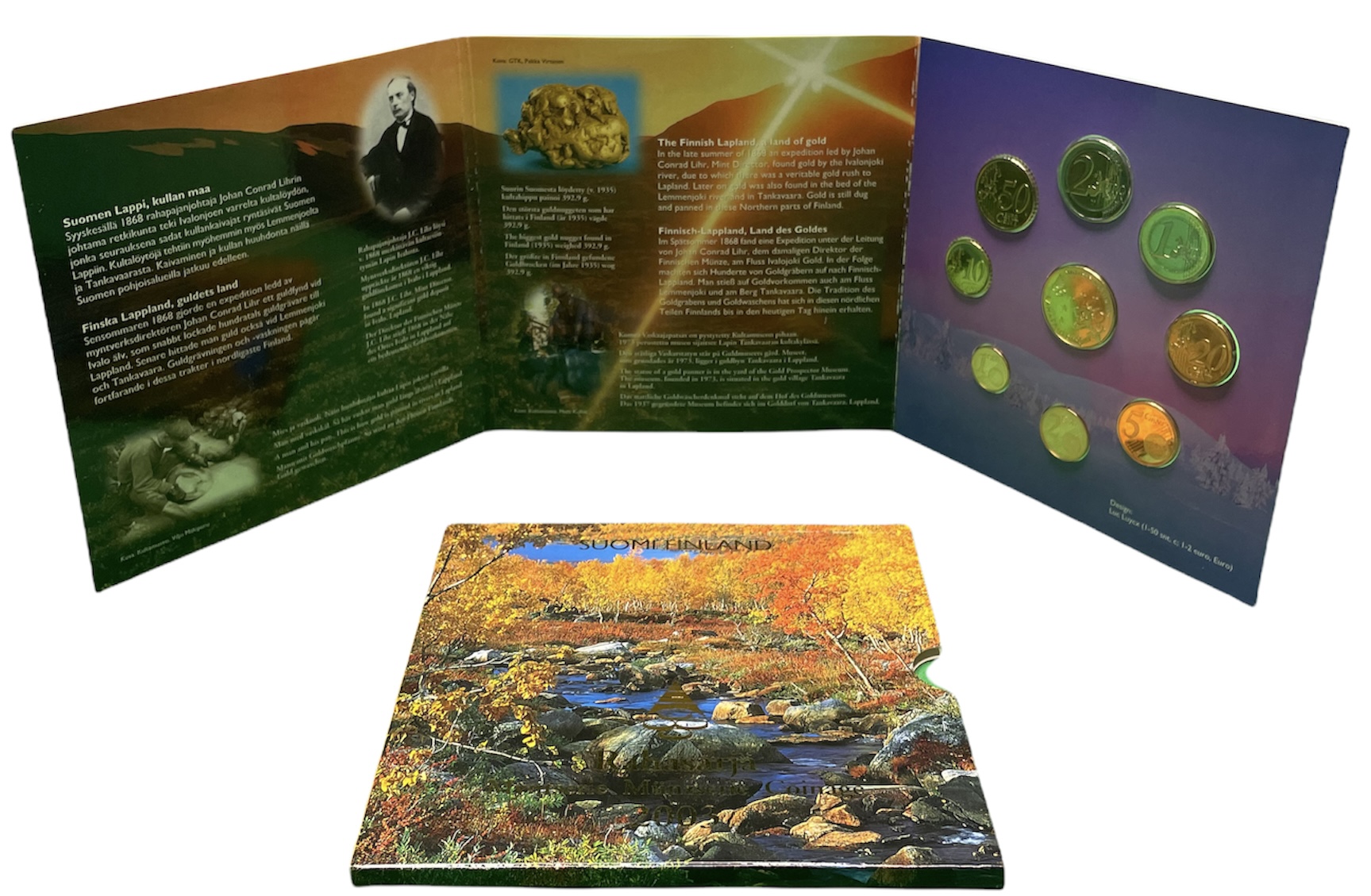 Финляндия евронабор из 8 монет + жетон 2003 золотодобытчики, официальный набор в оригинальном буклете  биметалл  UNC  7-5-6-04