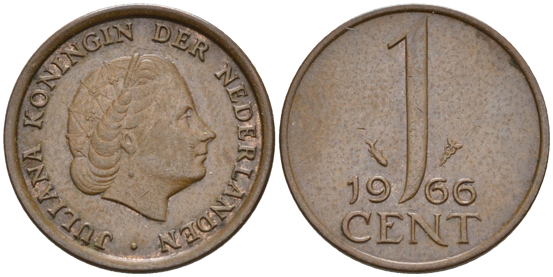 Нидерланды 1 цент 1966 Юлиана (1948-1980), малая дата КМ 180 бронза    4124-312