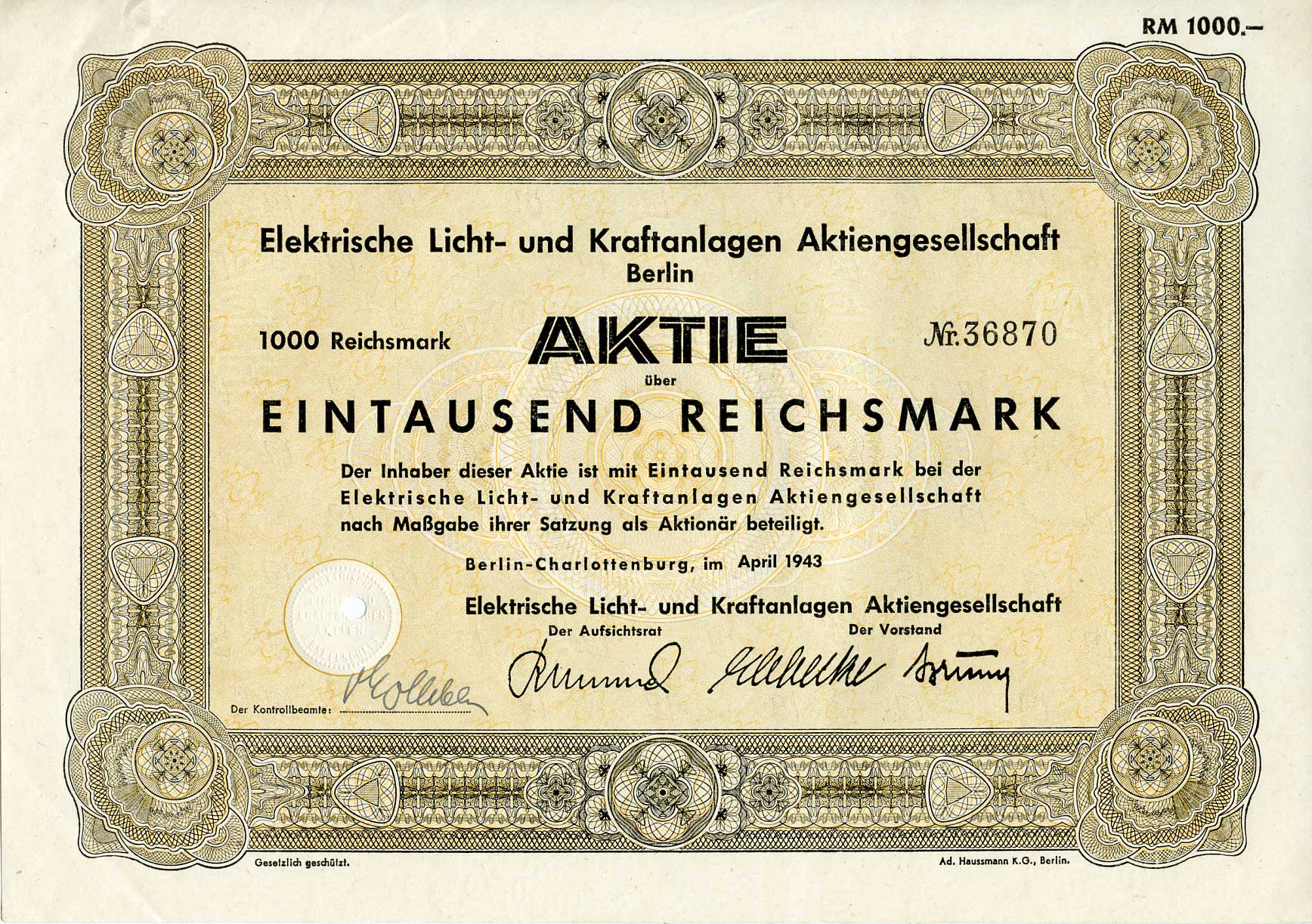 Германия 1000 рейхсмарок 1943 АО Электрические осветительные и энергетические установки, Берлин, акция   бумага   8804-76-1