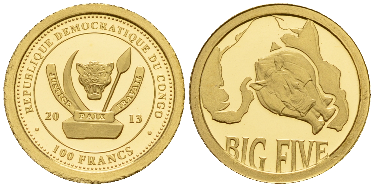 Конго 100 франков 2013 серия большая пятерка, носорог золото PROOF 00-804-16