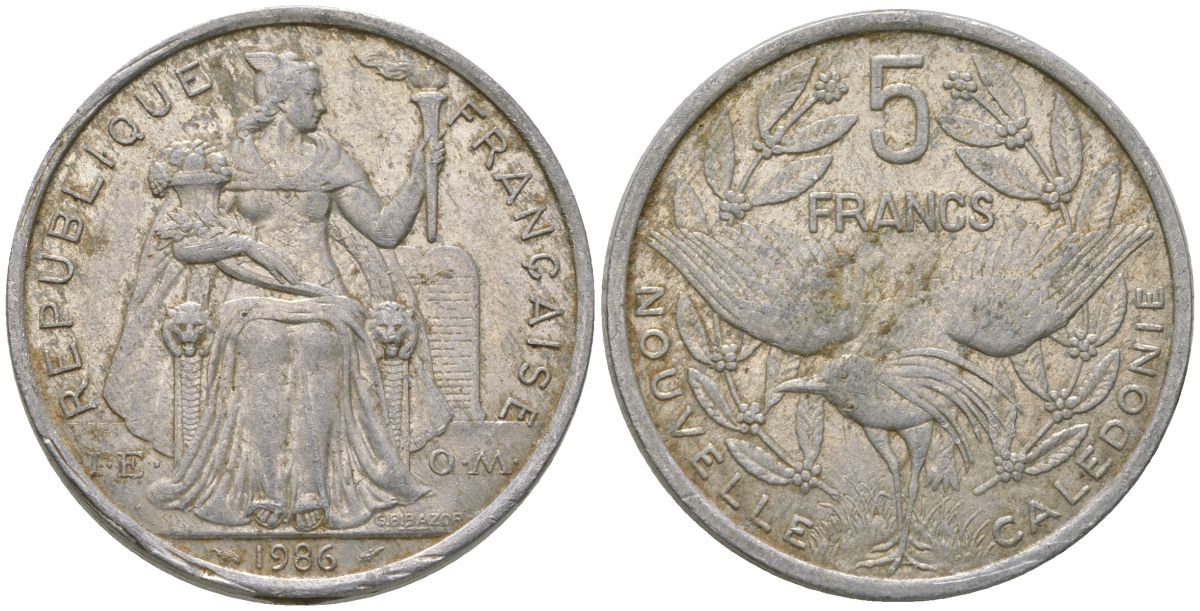 Французская Новая Каледония 5 франков 1986 птица кагу, (IEOM) KM 16, Schoen 12, Lec 76 алюминий 180-613