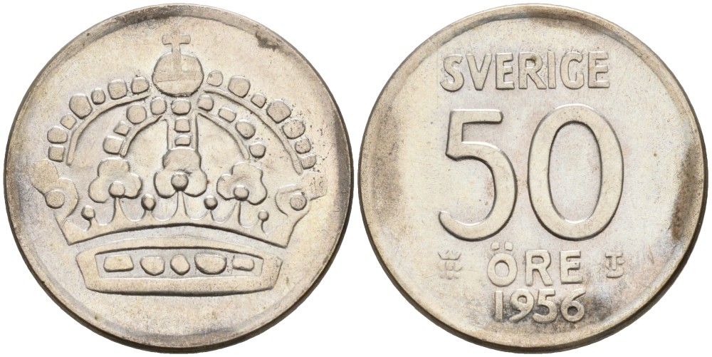 Швеция 50 эре 1956 TS, Густав VI Адольф (1950-1973) KM 825 серебро UNC 4364-3424