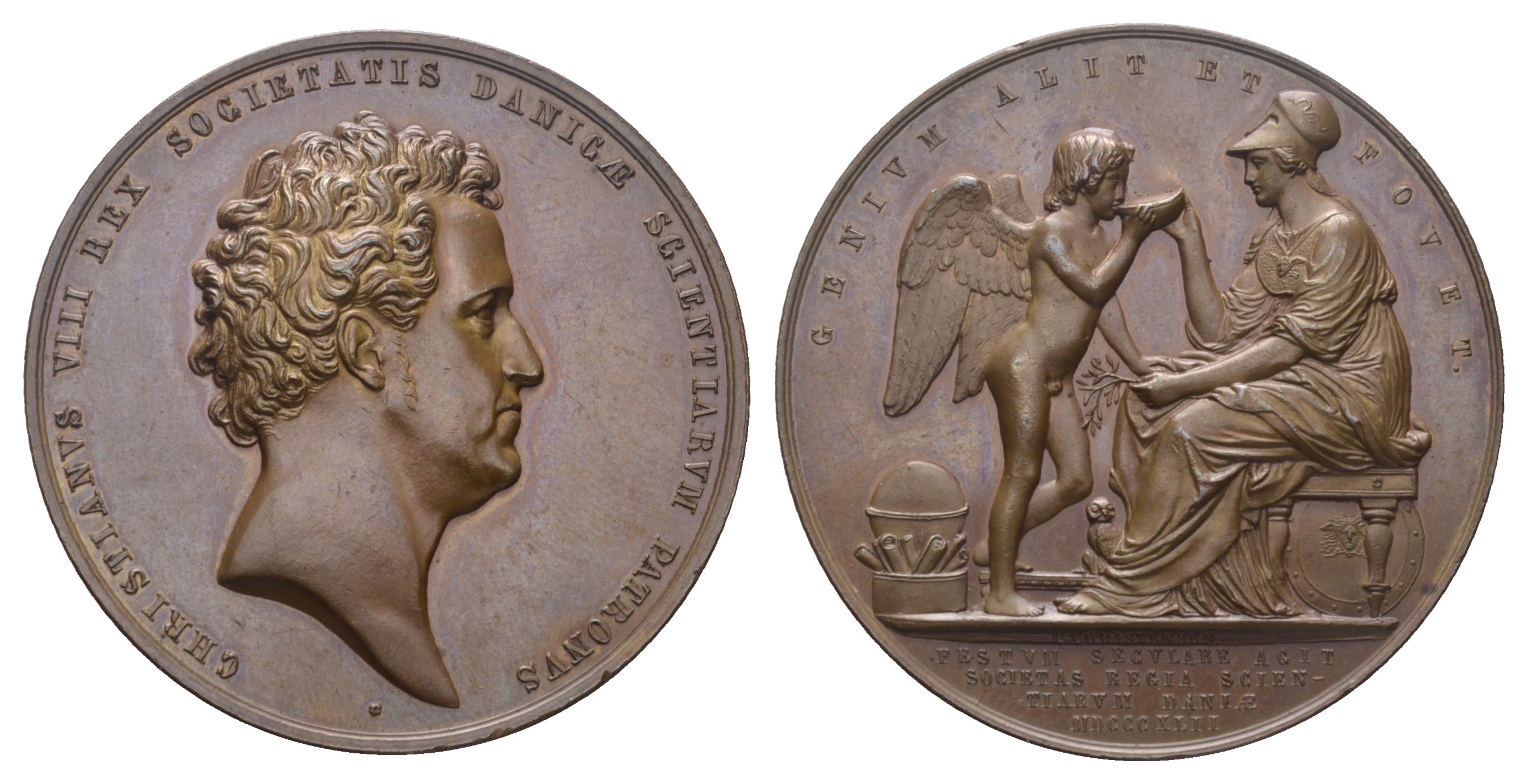 Дания медаль 1842 Кристиан VIII (1786-1848) королевское научное общество, медальер G. Christensen, диаметр 44 мм.  бронза   aUNC 00-807-47