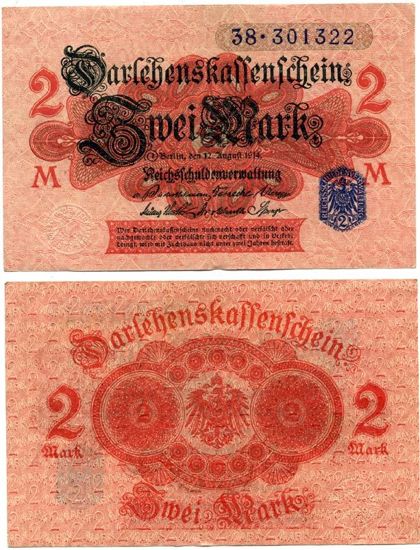 ГЕРМАНИЯ 2 МАРКИ 1914 РОЗОВАЯ БУМАГА, СИНЯЯ ПЕЧАТЬ, СЕРИЯ 38 Pick 55, Rosenberg 52d бумага 7551-7-2-1