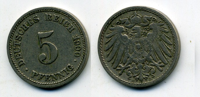 ГЕРМАНИЯ 5 ПФЕННИГОВ 1900 D, KM 11, J. 12 медно-никель 58-1115