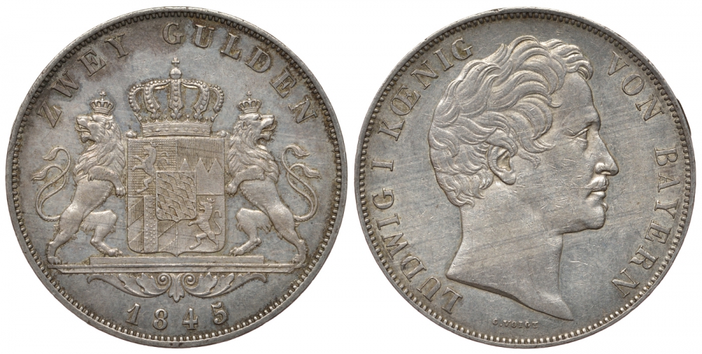 Бавария 2 гульдена 1845 Людвиг I (1825-1848) Jaeger 63, Thun 89, AKS 77, Kahnt 73, Davenport 594, KM 438 серебро 00-805-23