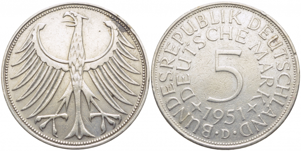 ФРГ 5 марок 1951 D, KM 112.1 серебро 111-741