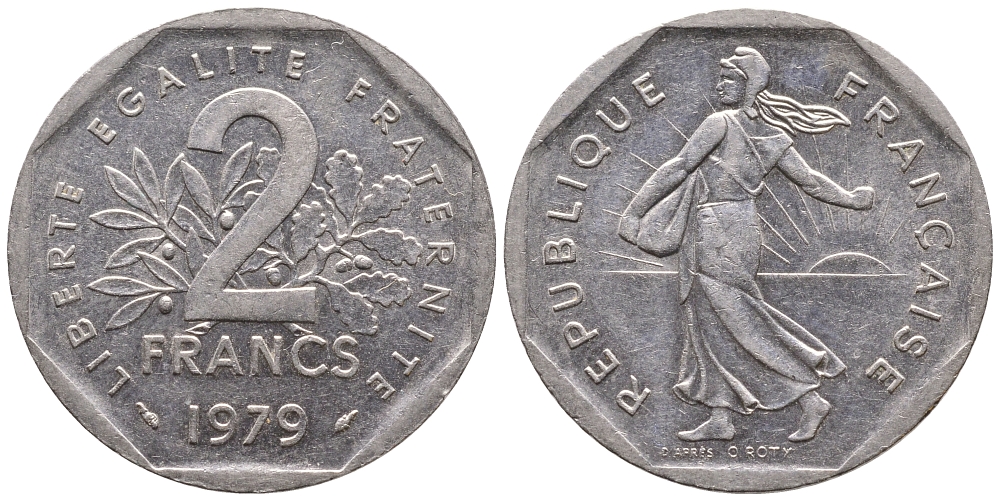 ФРАНЦИЯ 2 ФРАНКА 1979 СЕЯТЕЛЬ KM 942.1, LE FRANC 272.3 никель 83-1951