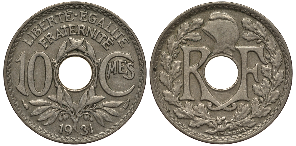 ФРАНЦИЯ 10 САНТИМОВ 1931 ТИП ЛИНДАЙЁ KM 866а, LE FRANC 138.18 медно-никель 202-115