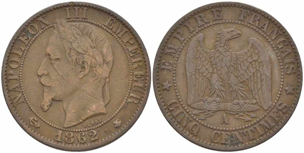 ФРАНЦИЯ 5 САНТИМОВ 1862 A, НАПОЛЕОН III (1852-1870) KM 797.1, LE FRANC 117.5 бронза 108-532